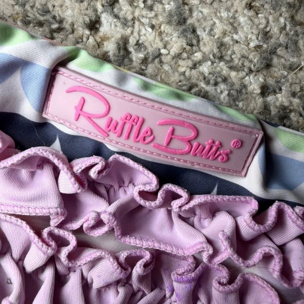 RuffleButts Girls Pastel Scallop Rash Guard and Ruffle Bottom Swimsuit Set - Picture 3 of 4